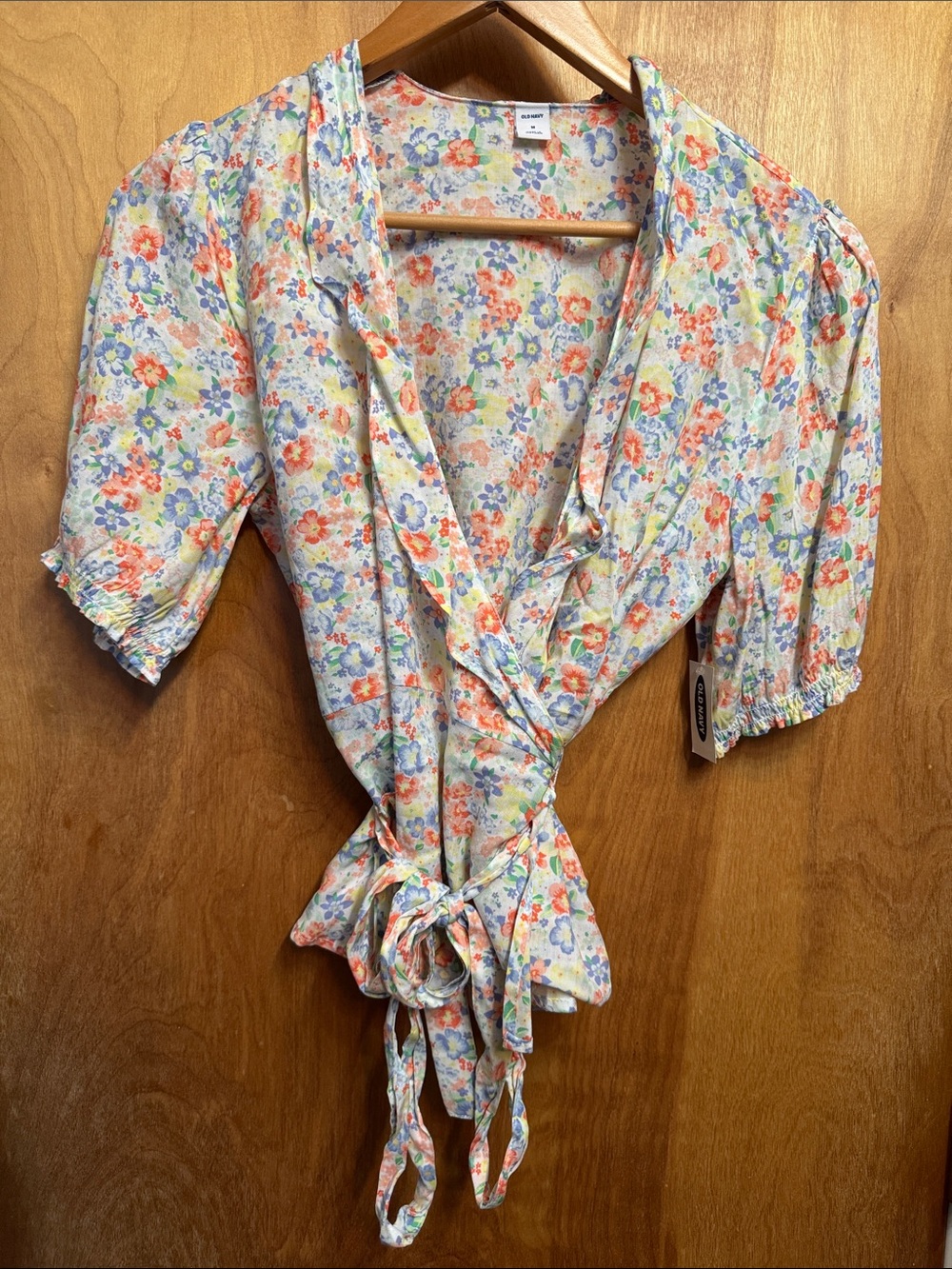 Old Navy Pastel Floral Tie-Waist Puff Sleeve Blouse